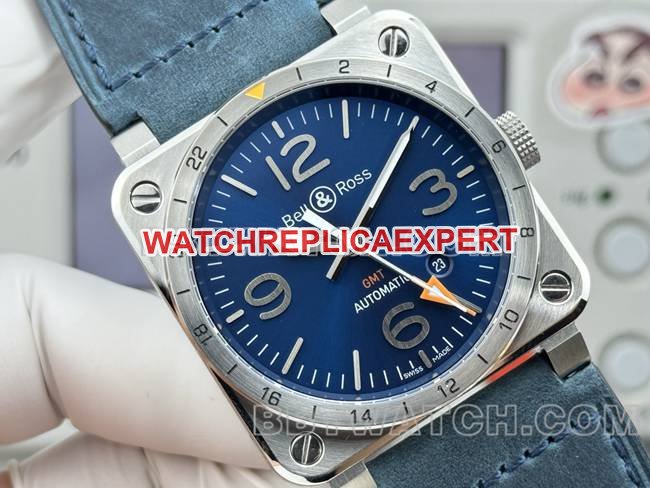 top-tier replica watch Bellis blue dial 42mm dual time zone leather strap model front live photo