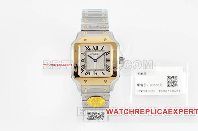 Reloj Cartier Super Clone Santos Esfera plateada Movimiento de cuarzo con círculo de oro amarillo — luxury replica watch guide | Watch Replica Expert