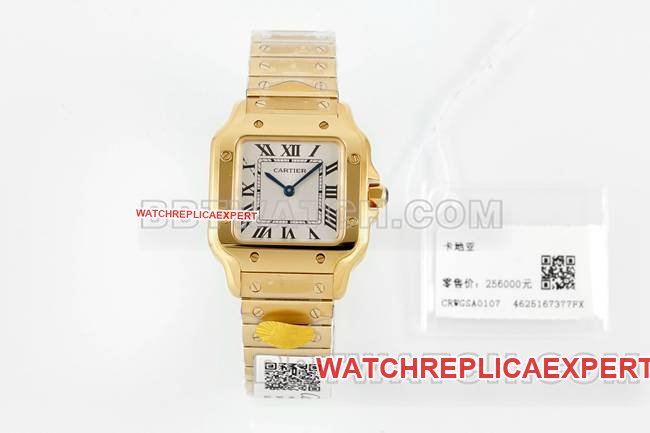 Cartier Santos Reloj Réplica de Cuarzo con Esfera Plateada y Brazalete de Oro Amarillo y Caja de 27×34,5 mm — luxury replica watch guide | Watch Replica Expert