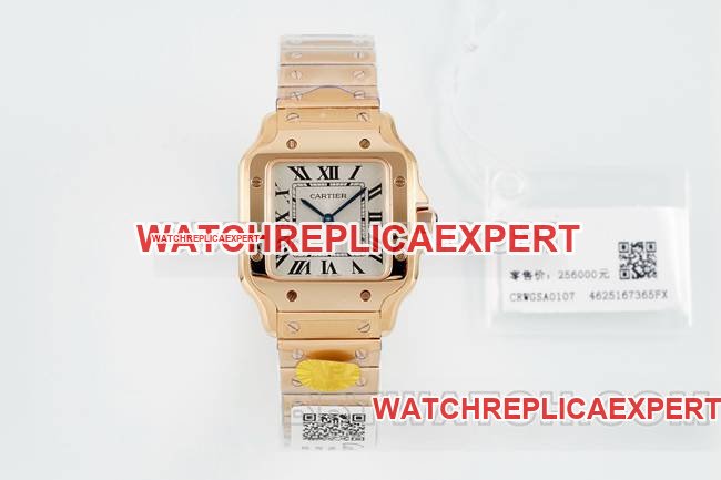 Cartier Santos Reloj réplica de cuarzo con esfera plateada, correa de oro rosa y caja rectangular de 27 × 34,5 mm — luxury replica watch guide | Watch Replica Expert