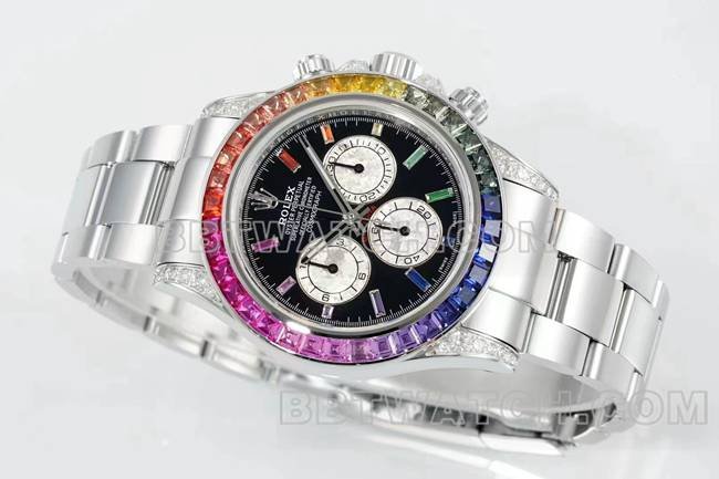best replica watches DaytonaRX FactoryRolex rainbow diamond bezelblack dial mechanical front live photo