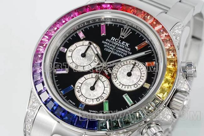 best replica watches DaytonaRX FactoryRolex rainbow diamond bezelblack dial mechanical front live photo