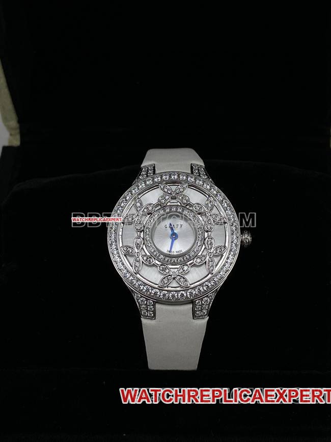 Reloj Super Clone VCA fábrica Graff cristal de zafiro diamante 33 mm movimiento de cuarzo Reloj clásico de mariposa de oro blanco y diamantes — luxury replica watch guide | Watch Replica Expert