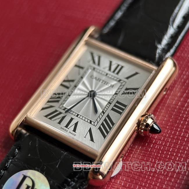 1:1replica watch DR factory tank Cartier silver gray plate rose gold case quartz black braceletfront live photo