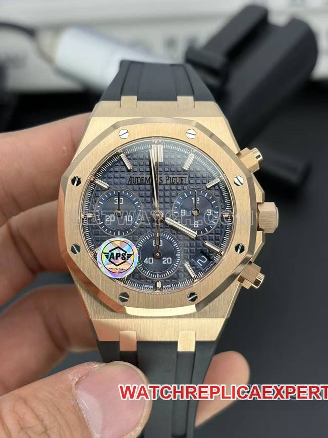 Audemars Piguet Royal Oak APS Factory mostrador azul 18K rosa ouro pulseira de borracha réplica relógio — luxury replica watch guide | Watch Replica Expert