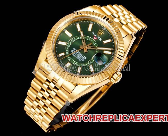 AR+ factory best replica watch Rolex pilot green dial mechanical yellow gold steel braceletfront live photo