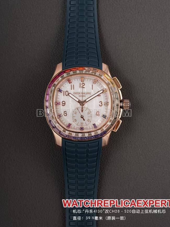 Fábrica PPM de primeira linha Patek Philippe Aquanaut Pulseira Mecânica de Borracha Azul Cronógrafo, Ouro Rosa com Diamante e Cristal de Safira Colorido — luxury replica watch guide | Watch Replica Expert