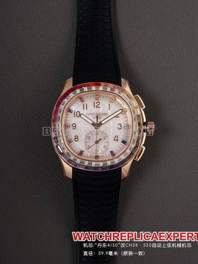 Patek Philippe Aquanaut PPM Factory Cronógrafo em ouro rosa com incrustação invisível e pulseira de borracha preta — luxury replica watch guide | Watch Replica Expert