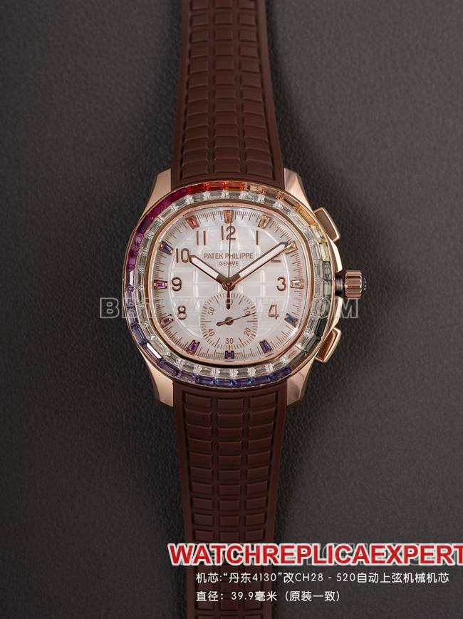 Best Replica Watch PPM Factory Patek Philippe Aquanaut Chronograph with Rose Gold and Rainbow Brilliance Rubber Bracelet