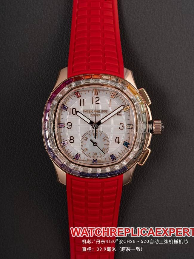Cronógrafo Patek Philippe PPM Factory Aquanaut em ouro rosa com incrustação invisível e cristal de safira colorido — luxury replica watch guide | Watch Replica Expert