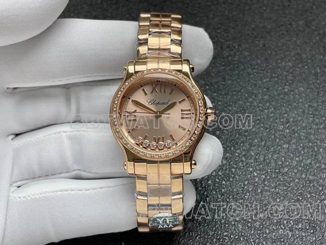 Relógio mecânico Chopard HAPPY SPORT com mostrador em ouro rosa e moldura de diamante 2892 da YF Factory réplica 1:1 — luxury replica watch guide | Watch Replica Expert