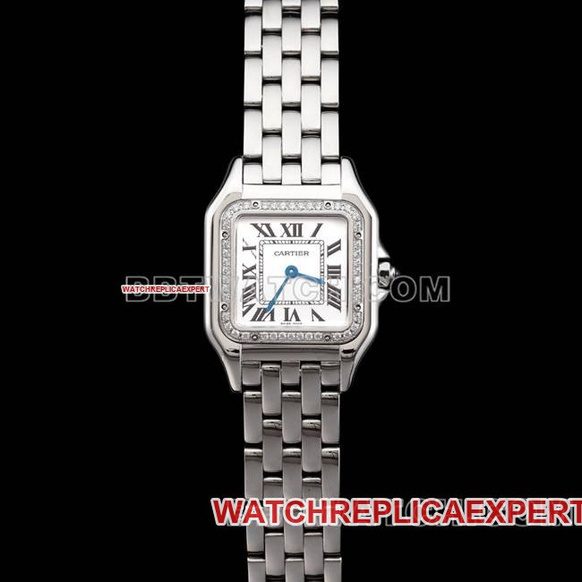 Relógio Cartier Panthere De Replica da BBa Factory, mostrador branco, moldura de diamante, pulseira de aço, quartzo — luxury replica watch guide | Watch Replica Expert