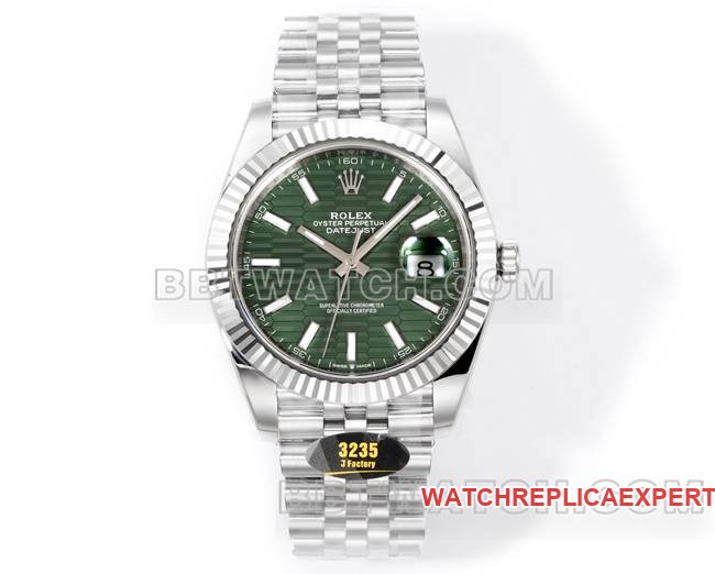 JF Factory Rolex Datejust Reloj mecánico 3235 con esfera verde de 41 mm y patrón de hoyo triangular chapado en oro blanco y pulsera de acero 904L — luxury replica watch guide | Watch Replica Expert