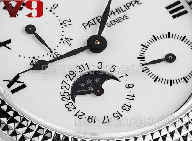 Top replica watch complex function timepieces V9 Factory Patek Philippe white dial leather strap real shot photo