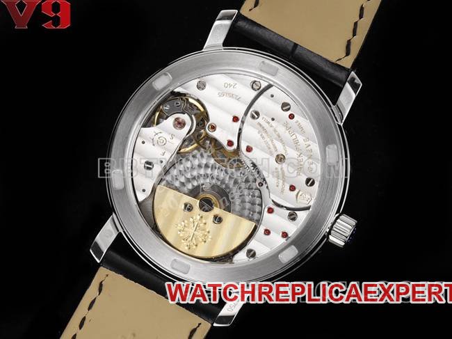 Top Replica Watch Complicated Functions Timepiece V9 Factory Patek Philippe White Dial Leather Strap Back Real Shot