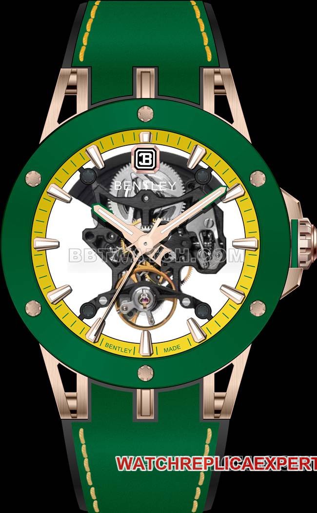 Reloj Super Clone Bentley BL-62 Peak Pulsera de caucho verde Bisel de cerámica esqueletizado de 45 mm — luxury replica watch guide | Watch Replica Expert