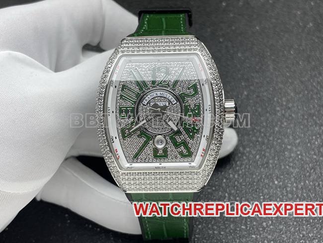 La meilleure montre réplique de Franck Muller, usine ABF, V45, boîtier diamanté, bracelet en cuir vert — luxury replica watch guide | Watch Replica Expert