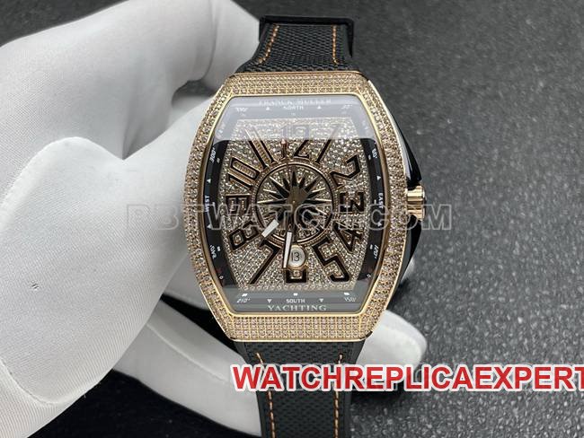 V45 Franck Muller ABF Factory Reloj réplica con disco de diamantes y caja de diamantes en oro con pulsera de cuero, 44x54 mm — luxury replica watch guide | Watch Replica Expert