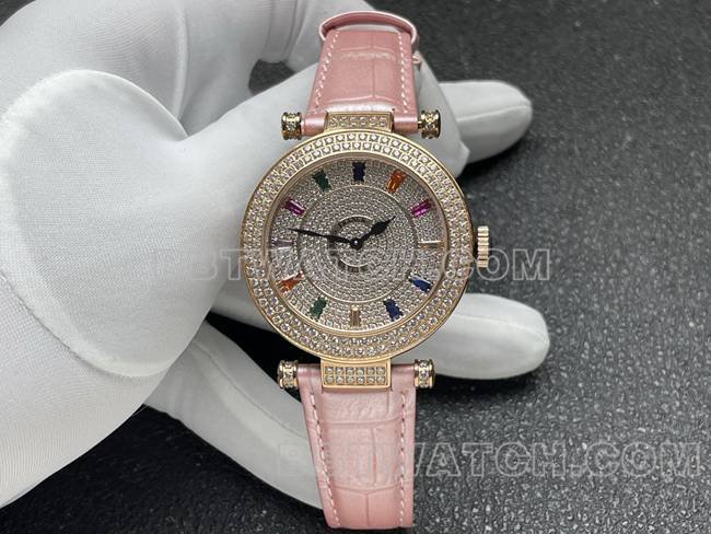 Franck Muller ABF factory DOUBLE MYSTERY Reloj réplica de cuarzo de primer nivel de 42 mm con bisel de diamantes y pulsera de cuero rosa — luxury replica watch guide | Watch Replica Expert