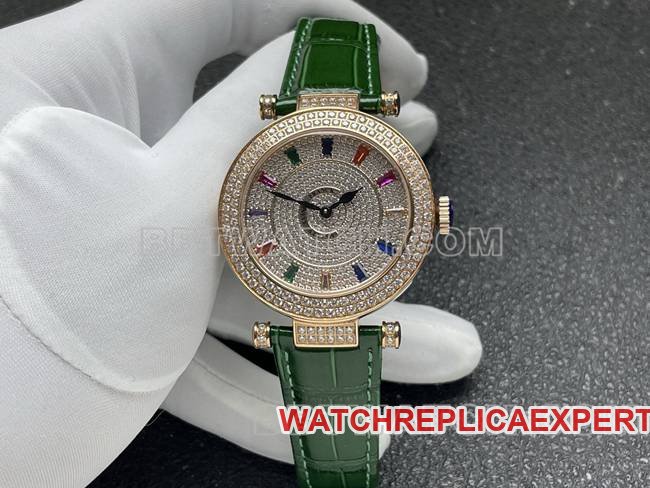 Franck Muller mejor réplica de reloj de cuarzo ABF Factory DOUBLE MYSTERY 42 mm bisel de diamantes pulsera de cuero verde — luxury replica watch guide | Watch Replica Expert