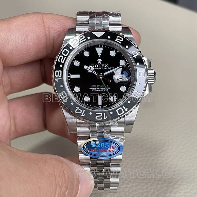 Rolex ERF Factory GMT-Master melhor réplica de relógio com mostrador preto, moldura de cerâmica preta e cinza 3285 mecânico — luxury replica watch guide | Watch Replica Expert