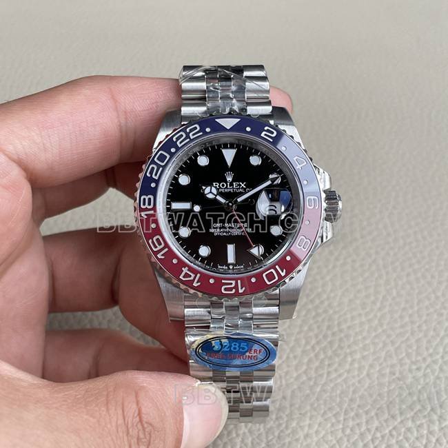 ERF Factory Rolex GMT-Master réplica de relógio de primeira linha com mostrador preto, movimento mecânico 3285 e moldura de cerâmica vermelho-azul — luxury replica watch guide | Watch Replica Expert
