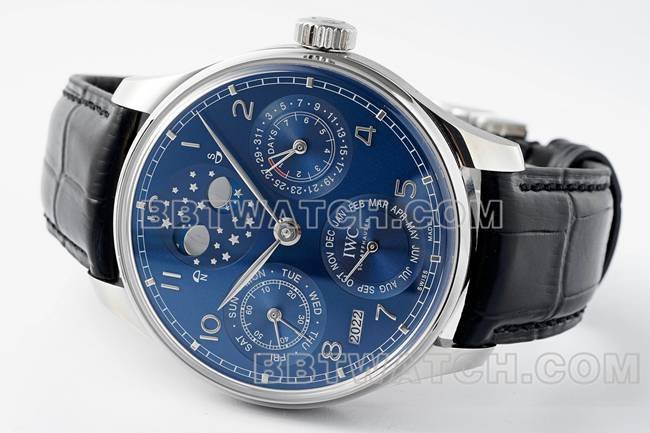 Best replica watch APS factory Portugal IWC perpetual calendar blue dial black braceletfront live photo