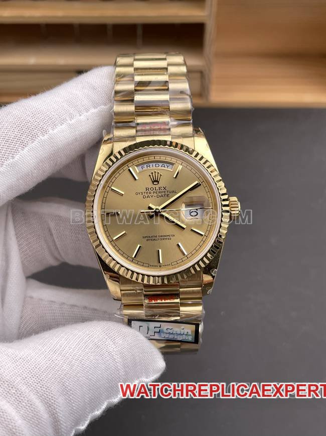 QF Factory Rolex Day-Date 36mm Rolex 36mm Ouro Amarelo Mostrador em Ouro 2836 Mecânico — luxury replica watch guide | Watch Replica Expert
