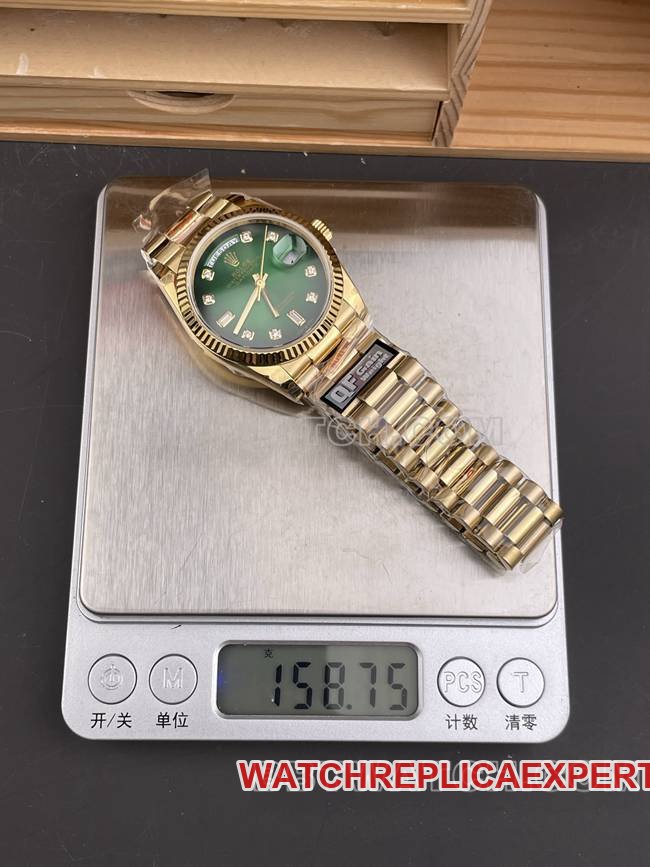 1:1replica watch QF factory Day-DateRolex smoked green dialyellow gold2836 mechanical 36mm weight live photos