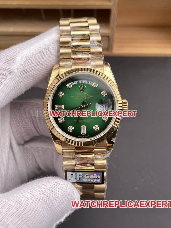 QF Factory Day-Date Rolex Smoked Green Dial 18K Ouro Amarelo 2836 Mecânico Réplica de Relógio 36mm — luxury replica watch guide | Watch Replica Expert