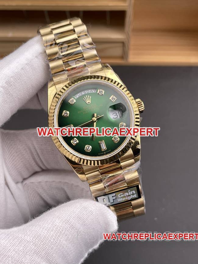 1:1replica watch QF factory Day-DateRolex smoked green dialyellow gold2836 mechanical 36mmfront live photo