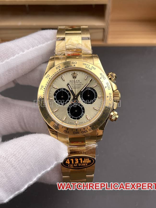 Réplica de relógio Rolex Daytona QF Factory 4131 mecânico em ouro amarelo com mostrador dourado e preto — luxury replica watch guide | Watch Replica Expert