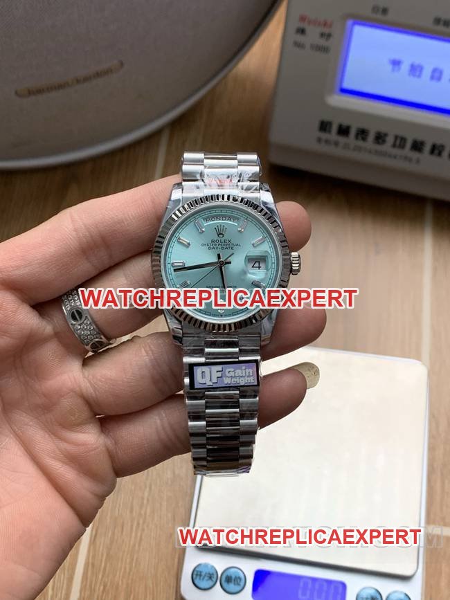 QF Factory Rolex Day-Date Rolex 36 mm 36 mm mostrador azul gelo 2836 relógio mecânico super clone — luxury replica watch guide | Watch Replica Expert