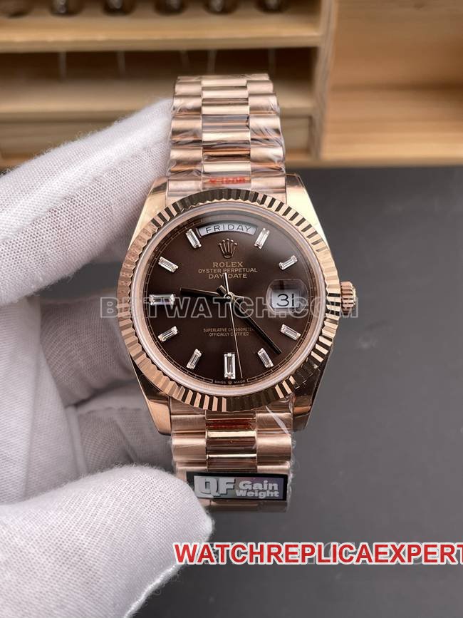 Melhor réplica de relógio QF Factory Rolex Day-Date Coffee Dial 40mm ouro rosa com movimento estável 2836 — luxury replica watch guide | Watch Replica Expert