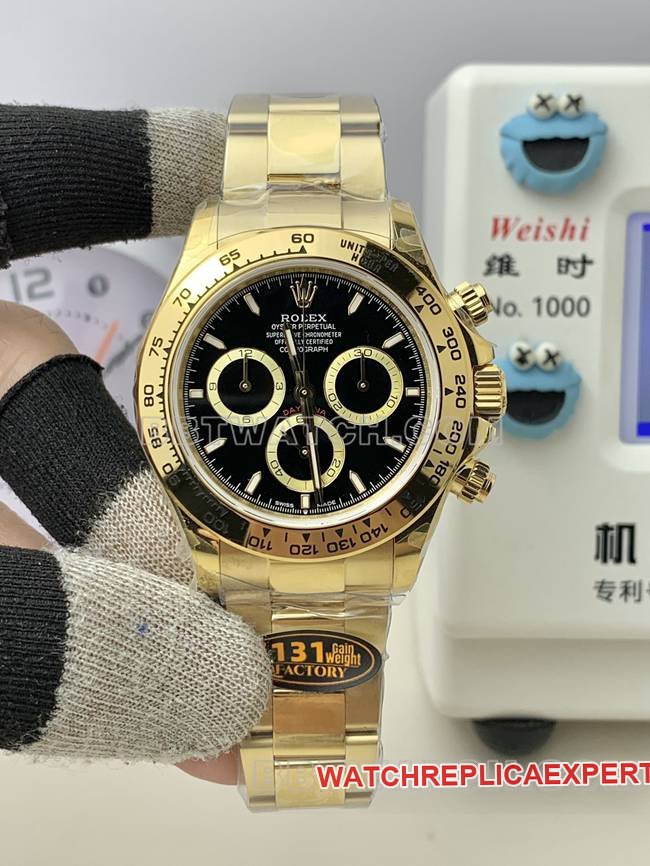 Rolex Daytona QF Factory 1:1 Réplica mostrador preto ouro amarelo 4131 relógio mecânico com caixa de aço inoxidável 904L — luxury replica watch guide | Watch Replica Expert