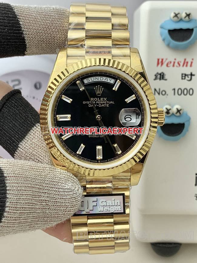QF Factory Rolex Day-Date Black Dial 18K Ouro Amarelo 2836 Movimento 40mm Réplica de Relógio com 185,5g de Peso — luxury replica watch guide | Watch Replica Expert