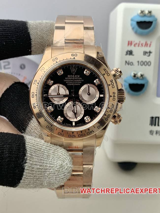 Rolex QF Factory Daytona mostrador preto ouro rosa 4131 relógio mecânico super clone com movimento de enrolamento bidirecional integrado — luxury replica watch guide | Watch Replica Expert