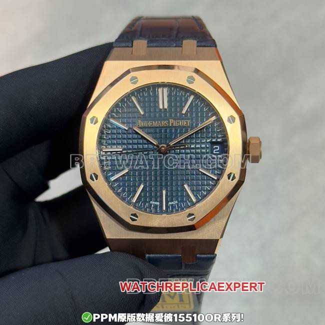 Audemars Piguet Royal Oak 15510 PPM fábrica mostrador azul pulseira de couro ouro rosa réplica relógio premium — luxury replica watch guide | Watch Replica Expert