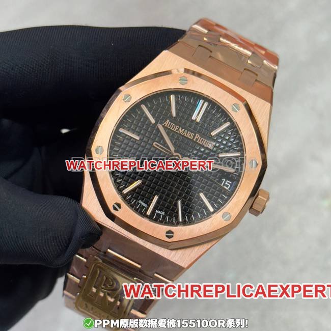 1:1 replica watch PPM factory Royal Oak Audemars Piguet black dial rose gold steel band front real shot photo