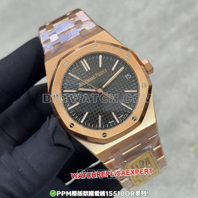 1:1 replica watch PPM factory Royal Oak Audemars Piguet black dial rose gold steel band front real shot photo