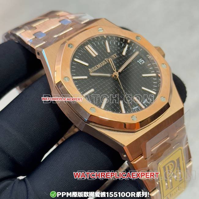 1:1 replica watch PPM factory Royal Oak Audemars Piguet black dial rose gold steel strap side real shot photos