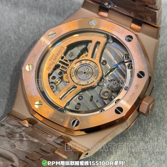 1:1 replica watch PPM factory Royal Oak Audemars Piguet black dial rose gold steel strap back real shot image