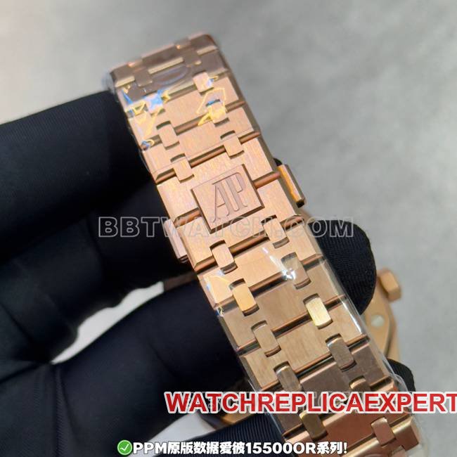 Best Replica Watch PPM Factory Royal Oak AP Black Dial Rose Gold Steel Strap 15500 Strap Real Shot