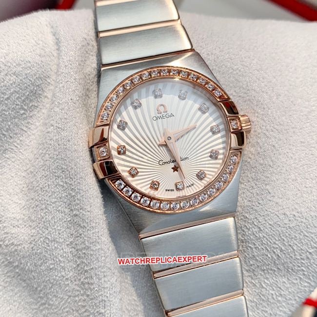 Top-Quality Replica Watch: Omega Constellation with White Dial and Rose Gold Diamond Bezel, 28 mm, Quartz—Front View (Actual Photos)