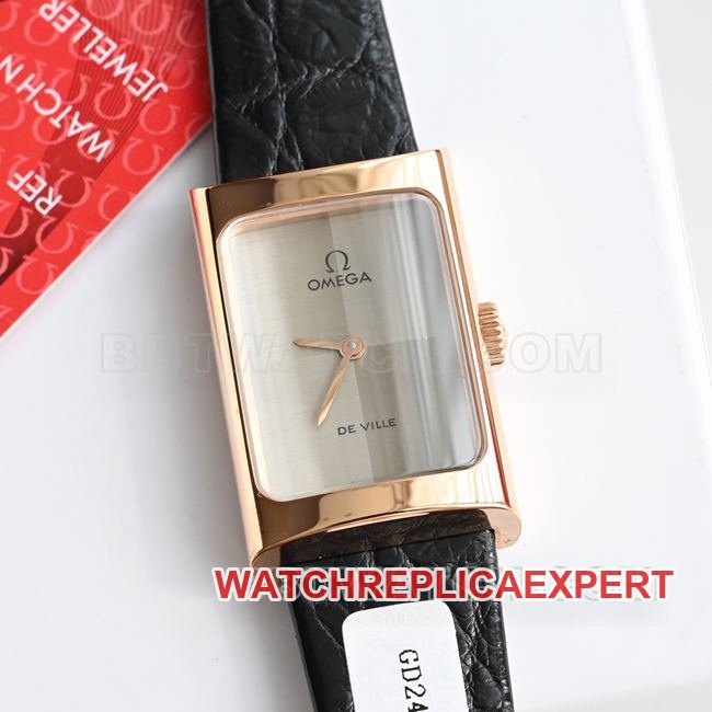 Real-life photo of the front of a top-tier replica Omega De Ville watch with a gray dial, quartz movement, and black leather strap