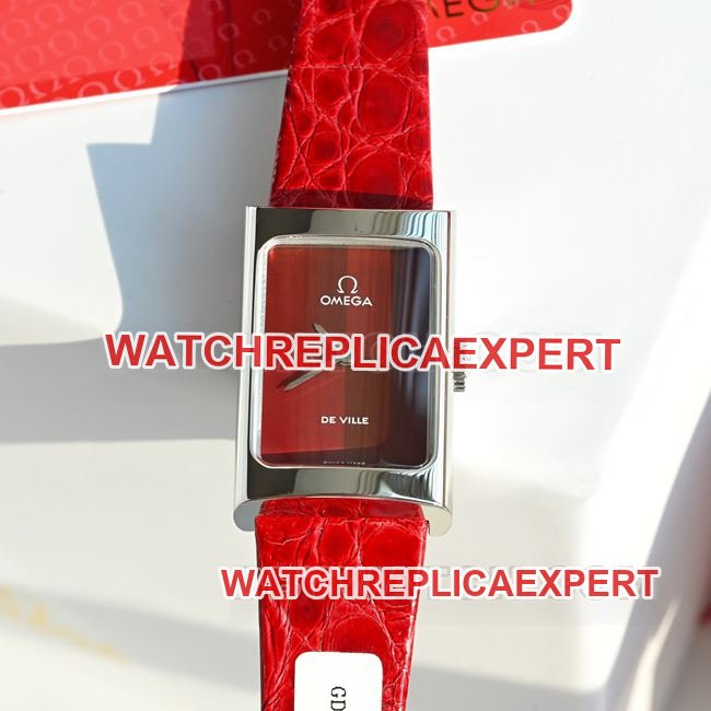 Best Replica Watch DeVille Omega Red Dial Quartz Red Leather Strap Front Real Photo