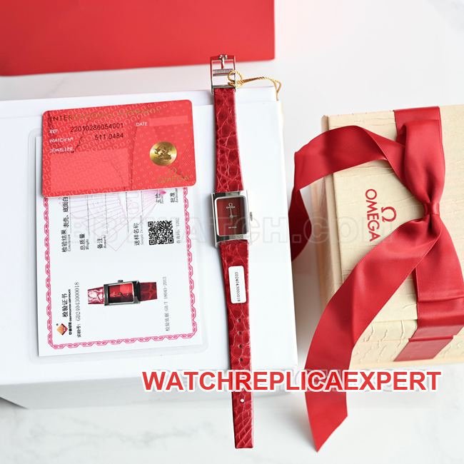 Best Replica Watch DeVille Omega Red Dial Quartz Red Leather Strap Front Real Photo