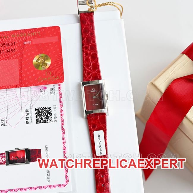Best Replica Watch DeVille Omega Red Dial Quartz Red Leather Strap Front Real Photo