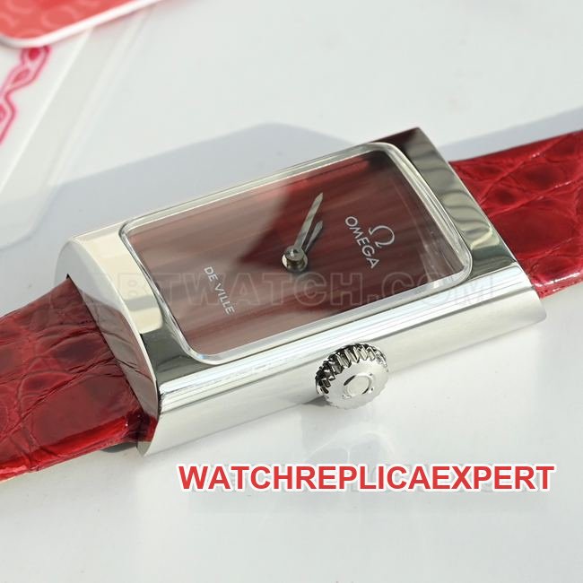 Best replica watch De Ville Omega red dial quartz red leather strap side real shot photos