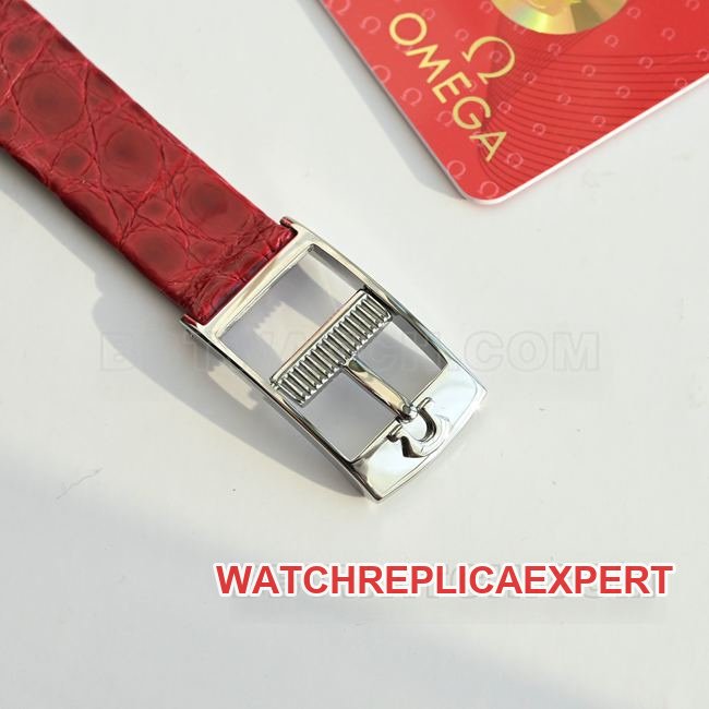 Pre-owned Omega De Ville replica watch, quartz movement, red dial, red leather strap with buckle, real picture